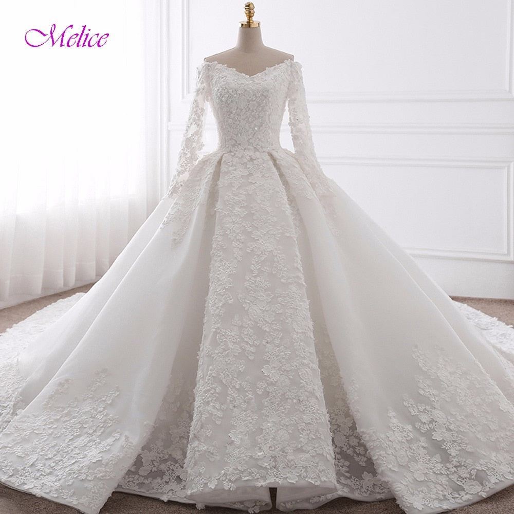 Glamorous Appliques Chapel Train Ball Gown Wedding Dress 2019 Fashion Sweetheart Neck Long Sleeve Bridal Dress Vestido de Noiva