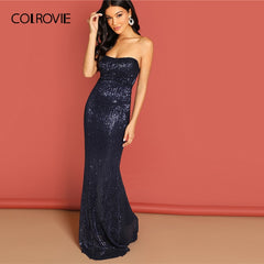 COLROVIE Navy Strapless Mesh Sequin Party Bodycon Evening Gown Dress Women 2019 High Waist Zipper Night Out Sexy Slim Maxi Dress