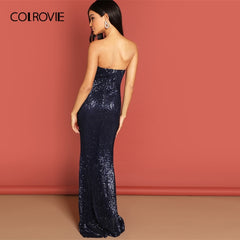 COLROVIE Navy Strapless Mesh Sequin Party Bodycon Evening Gown Dress Women 2019 High Waist Zipper Night Out Sexy Slim Maxi Dress