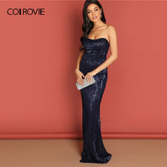 COLROVIE Navy Strapless Mesh Sequin Party Bodycon Evening Gown Dress Women 2019 High Waist Zipper Night Out Sexy Slim Maxi Dress