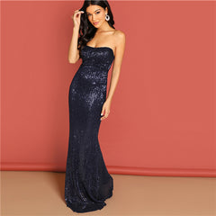 COLROVIE Navy Strapless Mesh Sequin Party Bodycon Evening Gown Dress Women 2019 High Waist Zipper Night Out Sexy Slim Maxi Dress