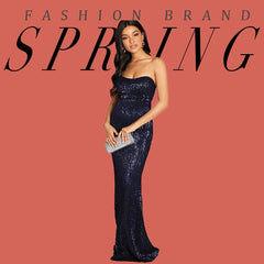 COLROVIE Navy Strapless Mesh Sequin Party Bodycon Evening Gown Dress Women 2019 High Waist Zipper Night Out Sexy Slim Maxi Dress