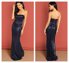 COLROVIE Navy Strapless Mesh Sequin Party Bodycon Evening Gown Dress Women 2019 High Waist Zipper Night Out Sexy Slim Maxi Dress