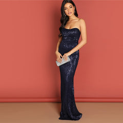 COLROVIE Navy Strapless Mesh Sequin Party Bodycon Evening Gown Dress Women 2019 High Waist Zipper Night Out Sexy Slim Maxi Dress