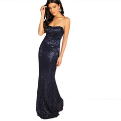 COLROVIE Navy Strapless Mesh Sequin Party Bodycon Evening Gown Dress Women 2019 High Waist Zipper Night Out Sexy Slim Maxi Dress