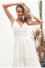 Simplee Embroidery white sexy women summer dress V neck spaghetti strap pearl buttons cotton dresses Evening party long vestidos