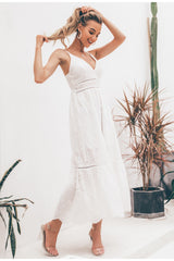 Simplee Embroidery white sexy women summer dress V neck spaghetti strap pearl buttons cotton dresses Evening party long vestidos
