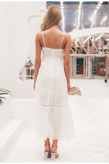 Simplee Embroidery white sexy women summer dress V neck spaghetti strap pearl buttons cotton dresses Evening party long vestidos