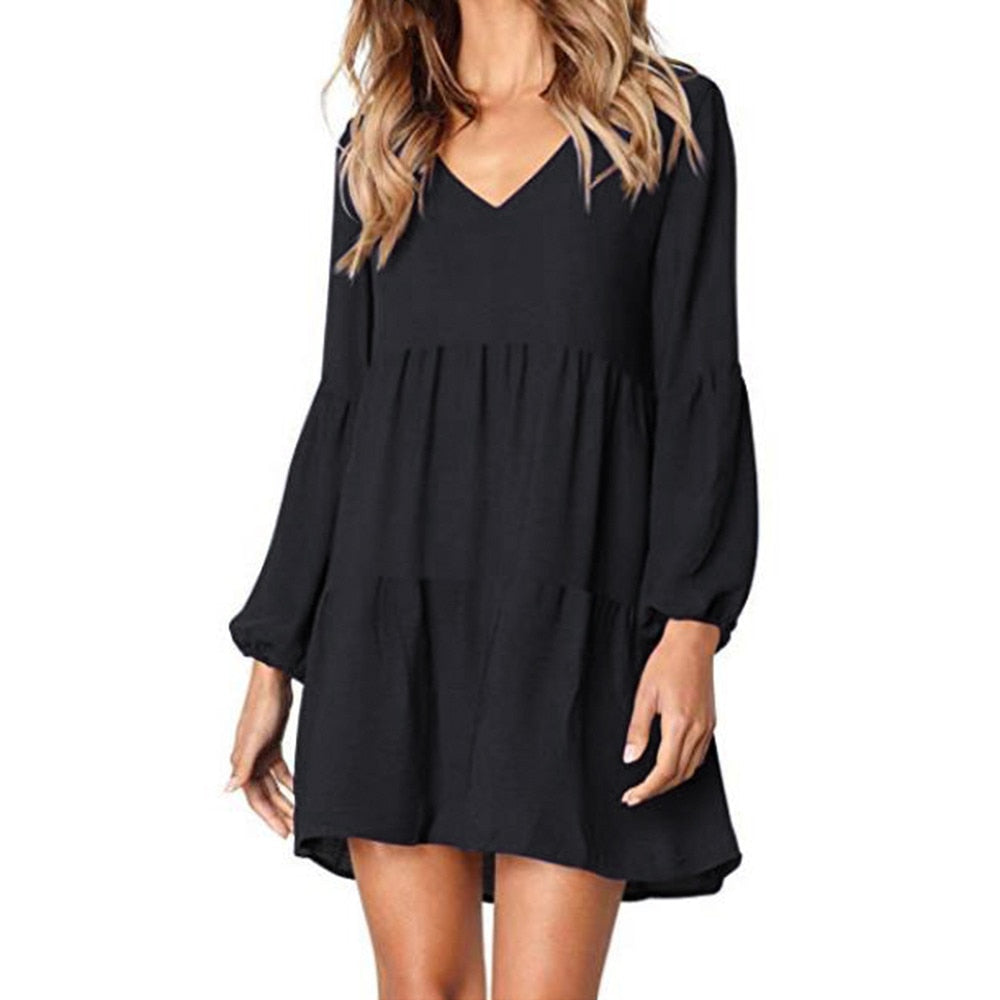 Casual sexy dress Spring Summer 2019 New fashion Women Solid Lantern Long Sleeve party dress V-Neck Draped Knee-Length Dress