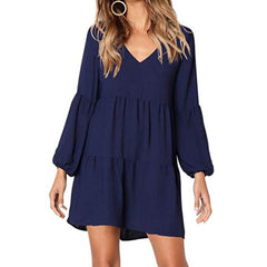 Casual sexy dress Spring Summer 2019 New fashion Women Solid Lantern Long Sleeve party dress V-Neck Draped Knee-Length Dress
