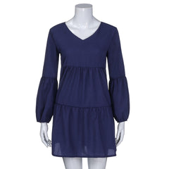Casual sexy dress Spring Summer 2019 New fashion Women Solid Lantern Long Sleeve party dress V-Neck Draped Knee-Length Dress