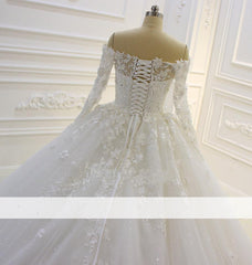 Casamento Luxury 3D Flower Lace Wedding Dresses Full Sleeves Boat Neck Puffy Ball Gowns For Bridal Lace Up Robe De Mariee