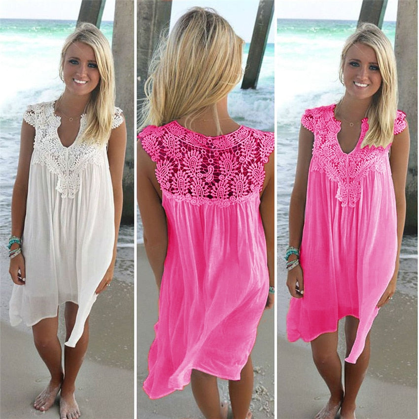 2019 Summer Women Dress Sleeveless Womens Loose Beach Lace Dress High Quality Dresses 8 color plus size casual  mini Vestidos