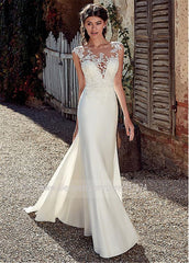 Modest Soft Satin Bateau Neckline Mermaid Wedding Dresses With Lace Appliques Sheer Bridal Dress Illusion Back