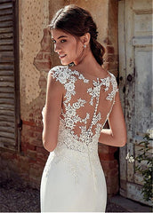 Modest Soft Satin Bateau Neckline Mermaid Wedding Dresses With Lace Appliques Sheer Bridal Dress Illusion Back