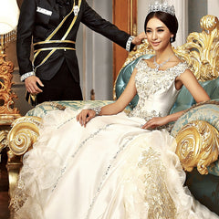High-End Custom Royal Classic Court Wedding Dress Champagne Imported Satin Hollow Embroidery Muslim Wedding Gown Robe De Mariee