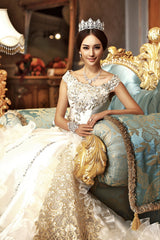 High-End Custom Royal Classic Court Wedding Dress Champagne Imported Satin Hollow Embroidery Muslim Wedding Gown Robe De Mariee