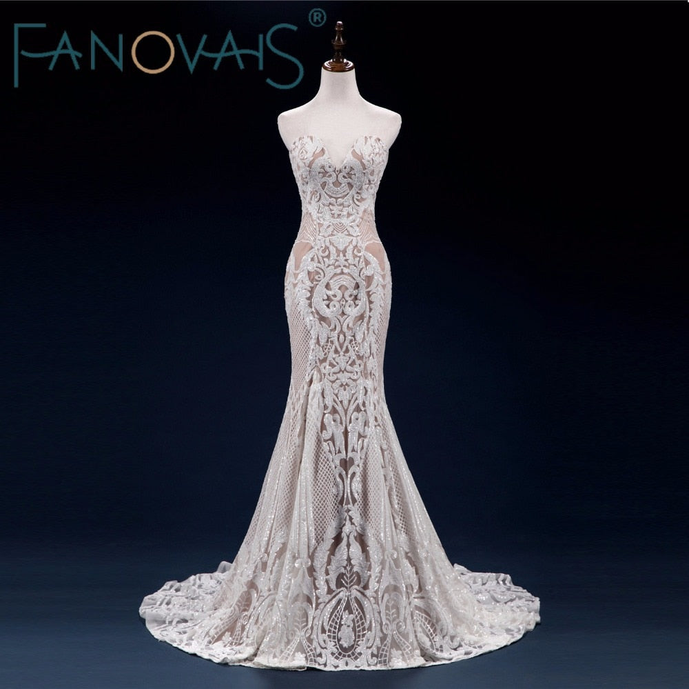 Vintage Lace Mermaid Wedding Dress Turkey Vestido de Novia Sequin Lace Sheer Bridal Gowns Robe mariee Sexy Wedding Dresses 2019