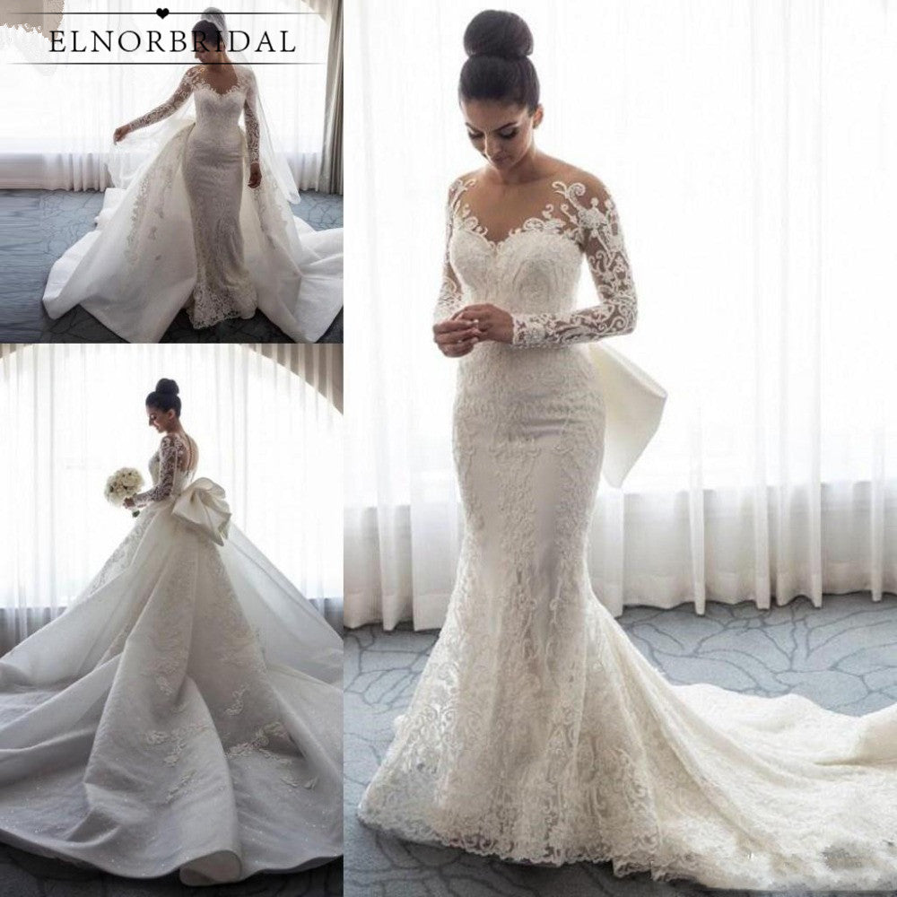 Vintage Mermaid Lace Wedding Dresses 2019 Detachable Train Vestidos De Novia Long Sleeve Bridal Gowns Custom Made Trouwjurk