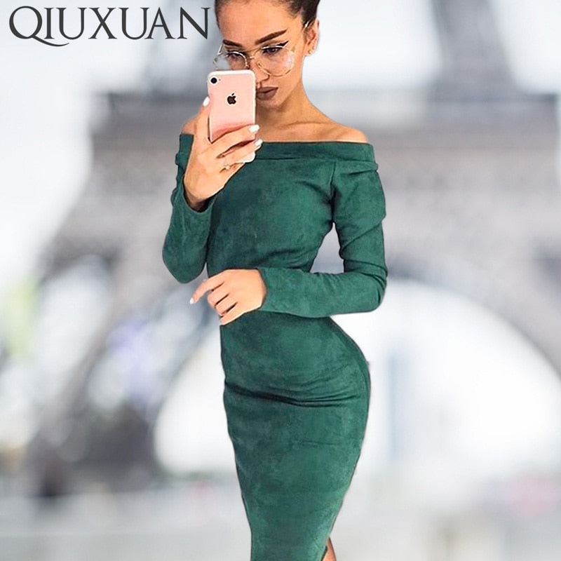 Qiuxuan Autumn Winter Faux Suede Long Sleeve Off Shoulder Women Mid Calf Dress Ladies Sexy Bodycon Party Dresses Multicolor