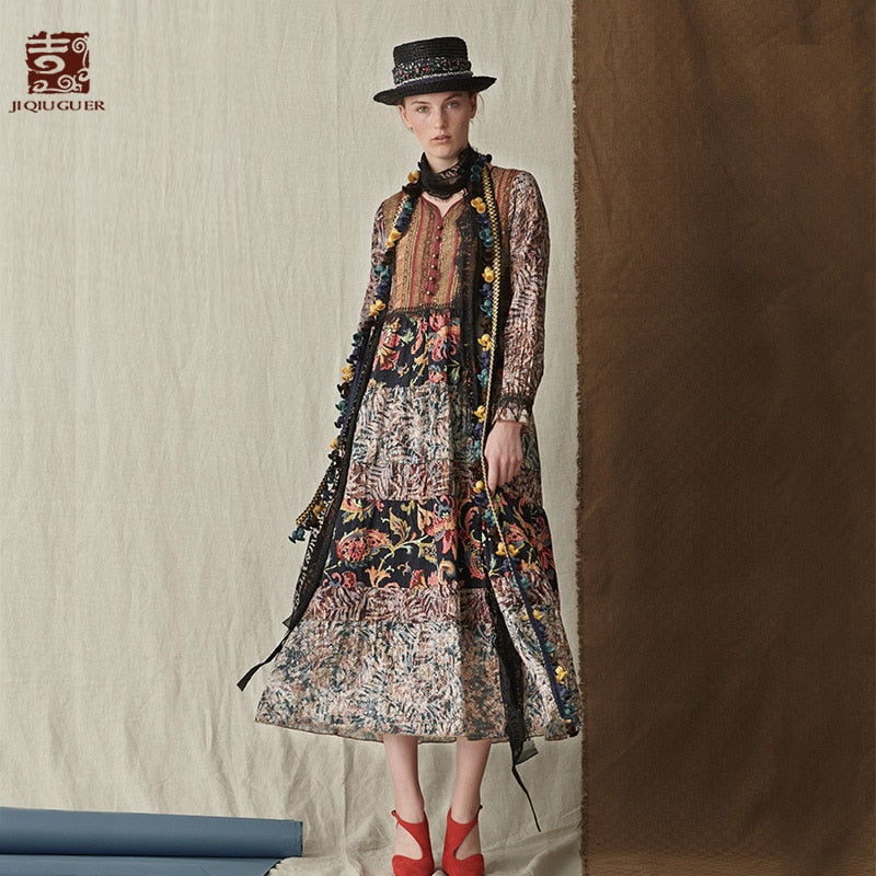 Jiqiuguer Women Autumn Floral Casual Full Sleeve Length Dresses Patchwork Print V Neck Pullover Mid Calf Plus Vestidos G183Y023