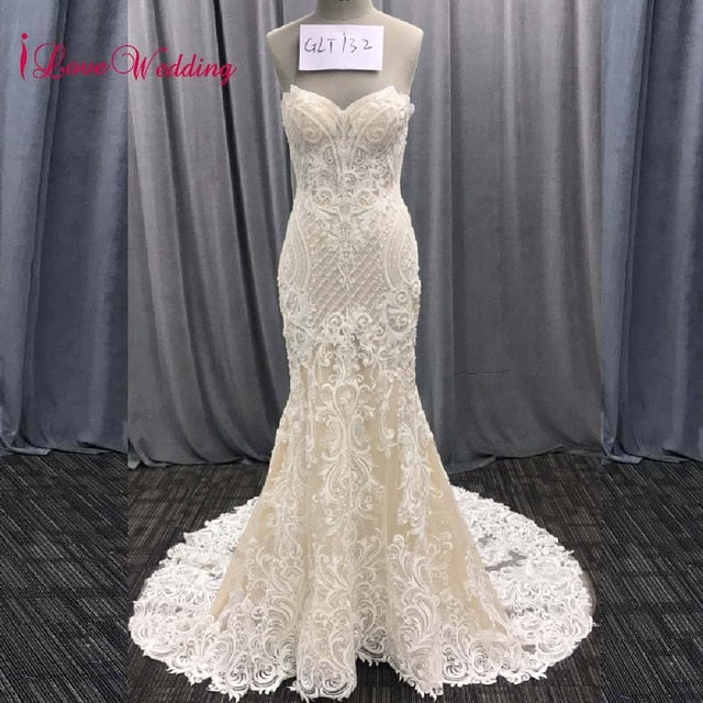 2019 New Fashion Mermaid Appliques Wedding Dress Long Train Beading Bridal Gown robe de mariee Lace Sleeveless Wedding Gown