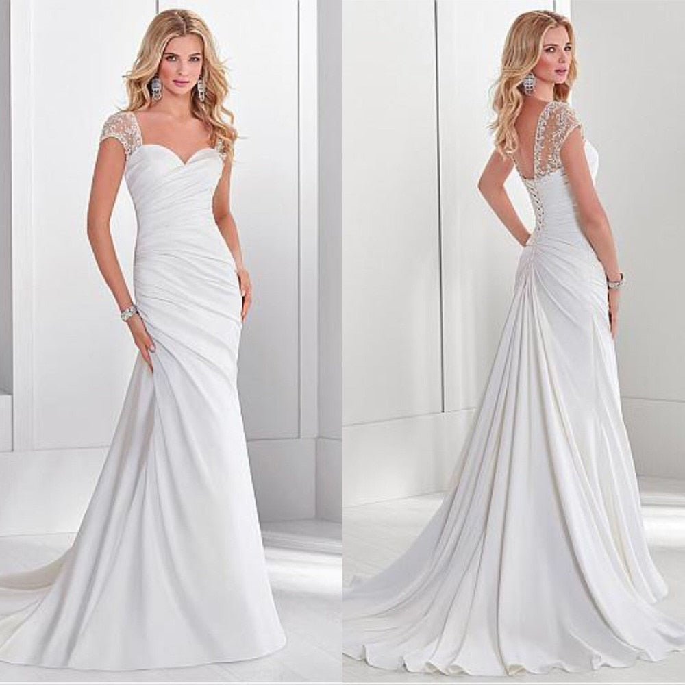 Elegant Sweetheart White Ruched Wedding Dress Cap Sleeve Court Train Chic Back Bridal Gowns Vestidos De Noiva 2019