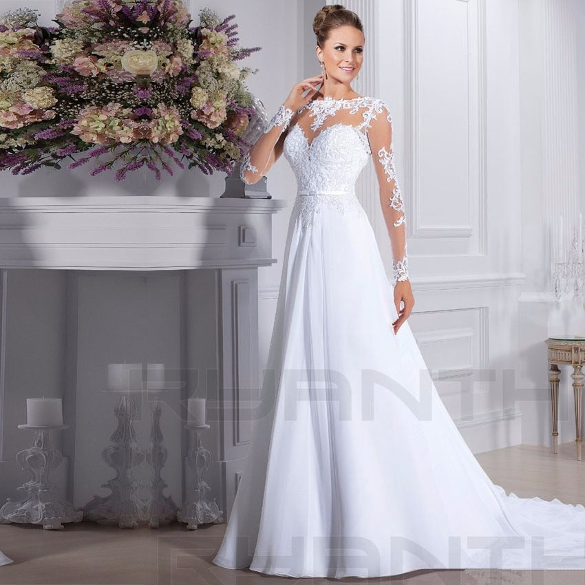 Vestido de Noiva 2019 Cheap Long Sleeve Lace Chiffon Wedding Dress Custom Made See Through Back Wedding Gowns Robe de mariee