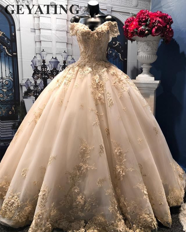 Dubai Light Champagne Lace Ball Gown Wedding Dress Appliques Floral Puffy Bridal Gowns Beaded Plus Size Wedding Dresses 2019