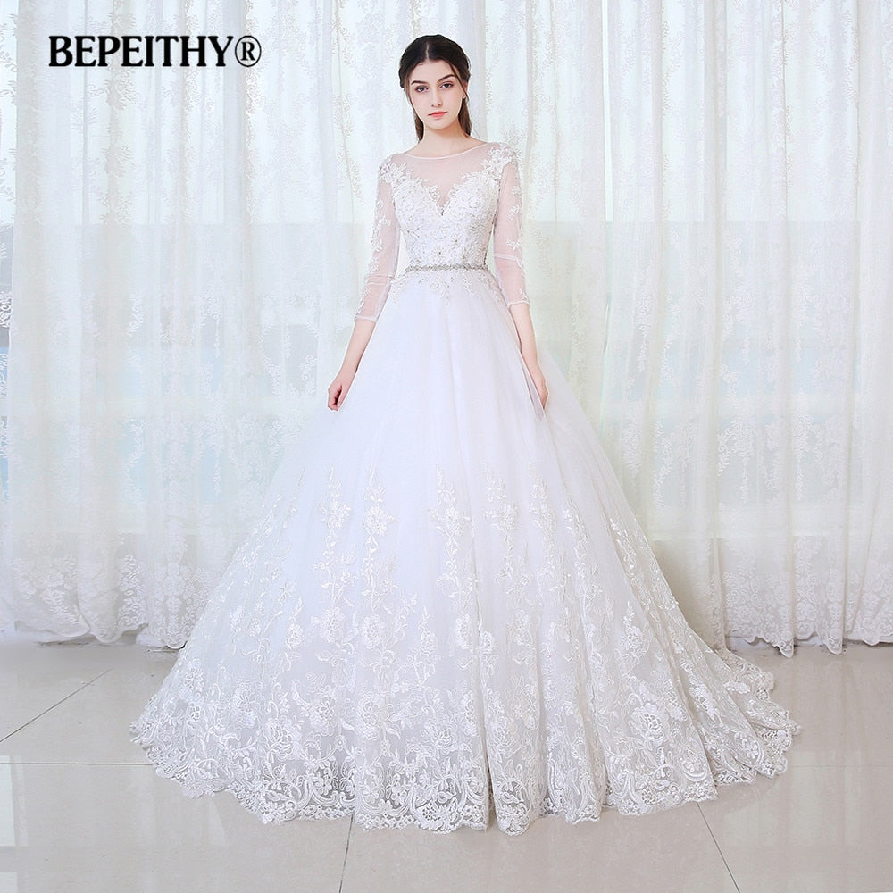 BEPEITHY Ball Gown Princess Wedding Dress Full Sleeves With Belt Vestido De Novia 2019 Lace Vintage Bridal Dresses Casamento