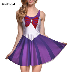 Qickitout Hot Sale Summer Cute Style Women's Dress Puple Bow Print Dress Sleeveless Dress Fitness Drop Shipping S-4XL