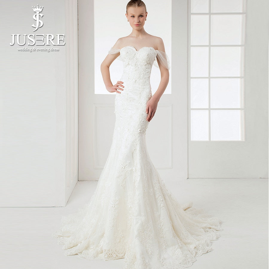 JUSERE Real Photos Off Shoulder Mermaid Wedding Dresses Full Appliques with Flowers vestido de noiva 2019 Elegant Bridal Gowns