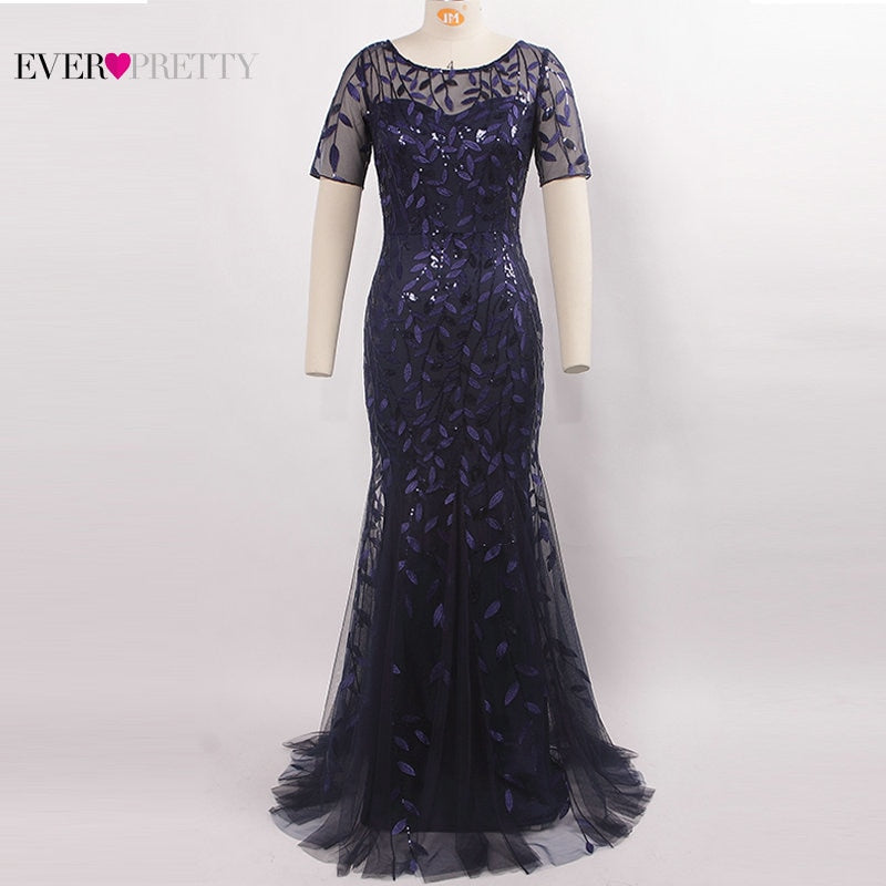 Plus Size Saudi Arabia Prom Dresses 2019 Ever Pretty EZ07707 Short Sleeve Lace Appliques Tulle Mermaid Long Dress Party Gowns