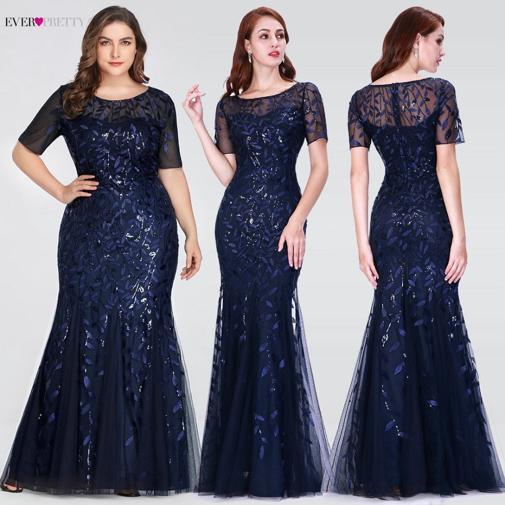 Plus Size Saudi Arabia Prom Dresses 2019 Ever Pretty EZ07707 Short Sleeve Lace Appliques Tulle Mermaid Long Dress Party Gowns