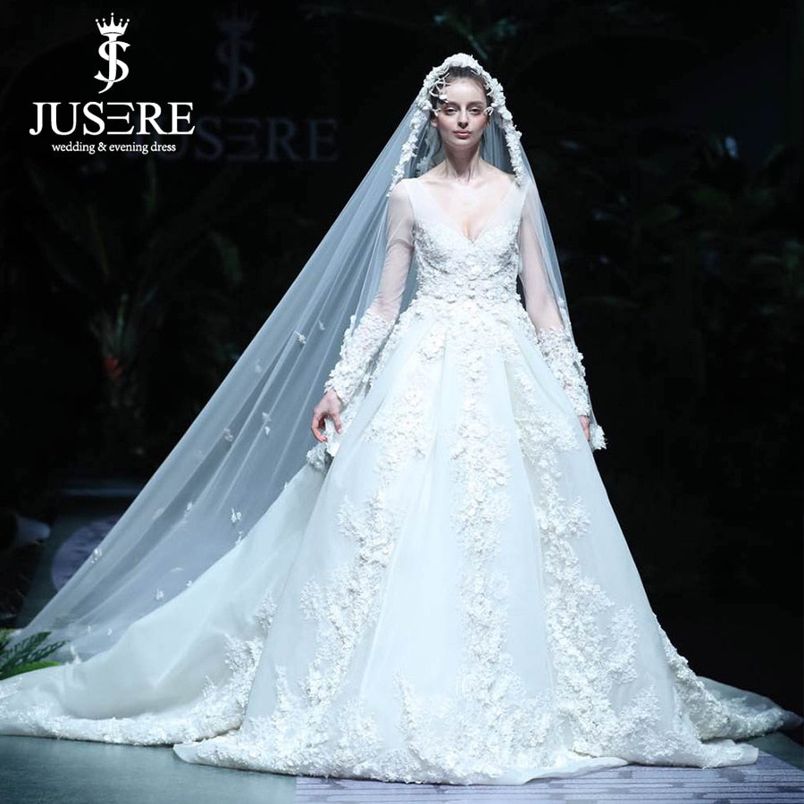 Luxury Beading Flowers Bridal Dress Cathedral Long Train V Neckline Illusion Long Sleeves Big A line Bridal Wedding Dress 2019