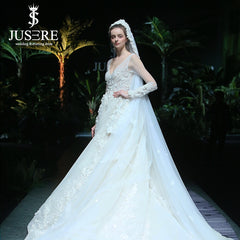 Luxury Beading Flowers Bridal Dress Cathedral Long Train V Neckline Illusion Long Sleeves Big A line Bridal Wedding Dress 2019