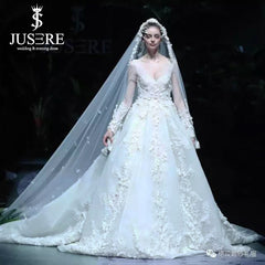 Luxury Beading Flowers Bridal Dress Cathedral Long Train V Neckline Illusion Long Sleeves Big A line Bridal Wedding Dress 2019