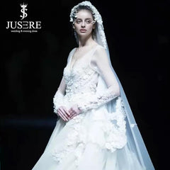 Luxury Beading Flowers Bridal Dress Cathedral Long Train V Neckline Illusion Long Sleeves Big A line Bridal Wedding Dress 2019