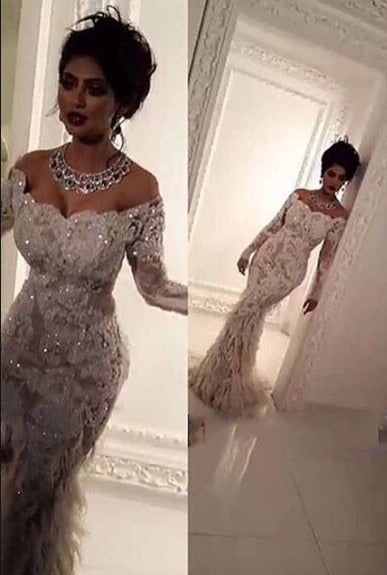 mermaid Luxury Lace Appliques boat neck Bling Bridal Gown Elegant Feathers 2018 robe de mariage mother of the bride dresses