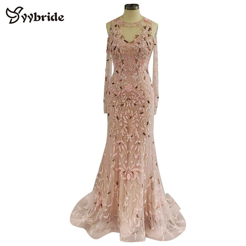 Surmount Pink Crystals Beading Dresses O-Neck Off the Shoulder Long Sleeves Pink Mermaid Illusion Court Train Evening Dresses