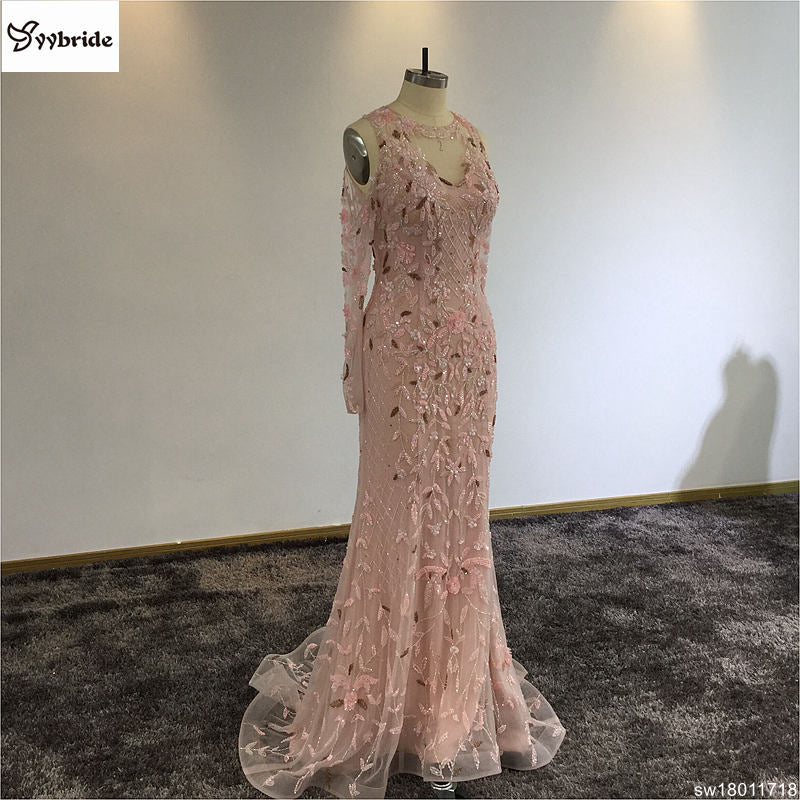 Surmount Pink Crystals Beading Dresses O-Neck Off the Shoulder Long Sleeves Pink Mermaid Illusion Court Train Evening Dresses