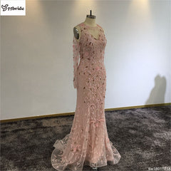 Surmount Pink Crystals Beading Dresses O-Neck Off the Shoulder Long Sleeves Pink Mermaid Illusion Court Train Evening Dresses