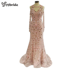 Surmount Pink Crystals Beading Dresses O-Neck Off the Shoulder Long Sleeves Pink Mermaid Illusion Court Train Evening Dresses