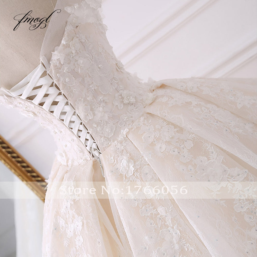 Fmogl Sexy Sweetheart Lace Ball Gown Wedding Dresses 2019 Applique Beaded Flowers Chapel Train Bride Gown Vestido De Noiva