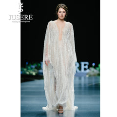 JUSERE 2019 SS FASHION SHOW Ivory Wedding Dress Beaded Long Sleeve Charming Illusion Bridal Gowns Vestido de noiva Mariage