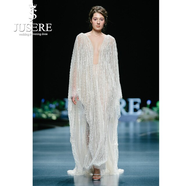 JUSERE 2019 SS FASHION SHOW Ivory Wedding Dress Beaded Long Sleeve Charming Illusion Bridal Gowns Vestido de noiva Mariage