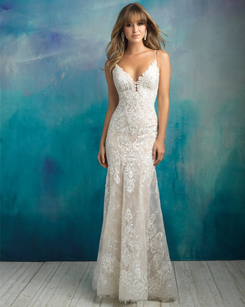 2019 New Arrive Gelinlik Spaghetti Straps V-neck Backless Beading Appliques Lace Sexy Mermaid Wedding Dress Vestido Noiva Sereia