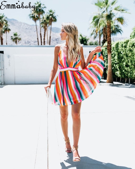 HIRIGIN Women's Sleeveless Color Stripe Mini Deep V Dress Wedding Party Summer Beach Sling Halter Sun Dress