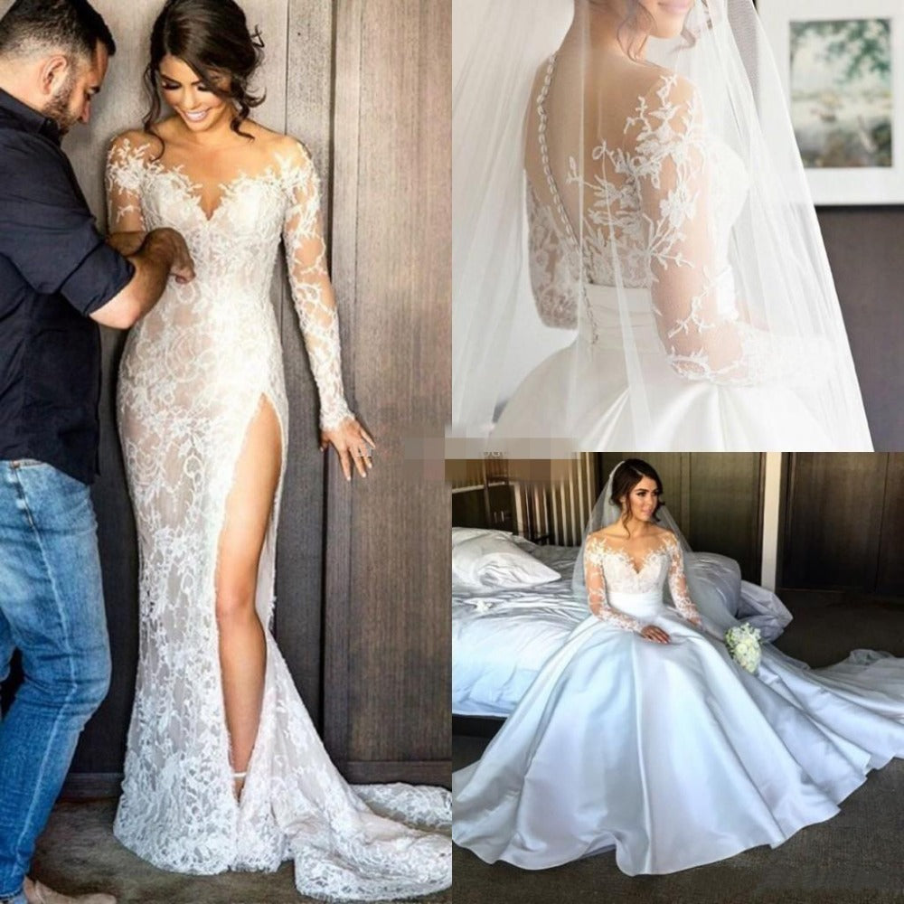 Sexy Illusion Appliques Lace Mermaid Wedding Dresses Long Sleeve Scoop Detachable Train Bride Dress Custom Vestido De Noive