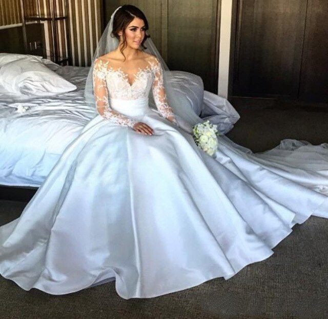 Sexy Illusion Appliques Lace Mermaid Wedding Dresses Long Sleeve Scoop Detachable Train Bride Dress Custom Vestido De Noive